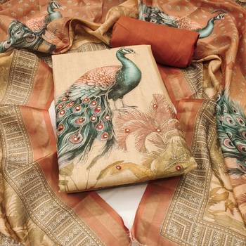 Beige linen cotton printed unstitched dress material 2