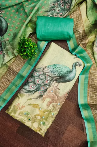 Beige linen cotton printed unstitched dress material