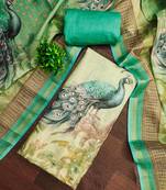 Beige linen cotton printed unstitched dress material