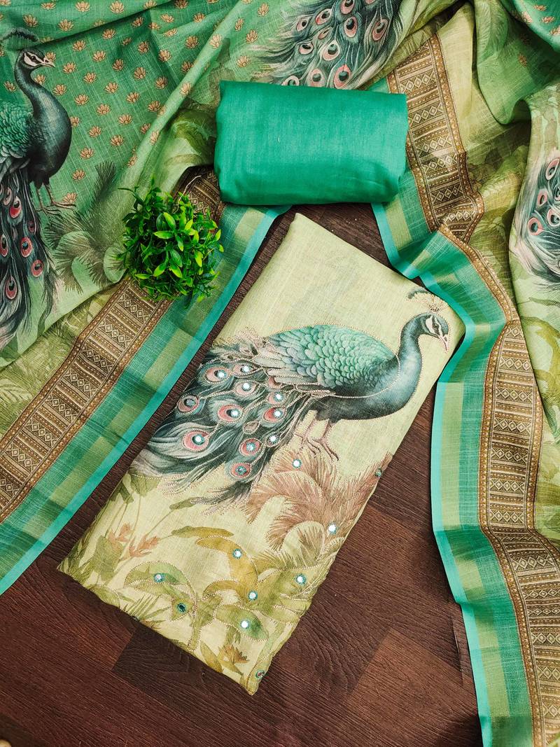 Beige linen cotton printed unstitched dress material