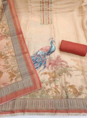 Beige linen cotton printed unstitched dress material 3