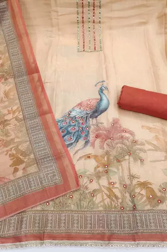 Beige linen cotton printed unstitched dress material