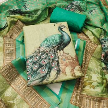 Beige linen cotton printed unstitched dress material 2