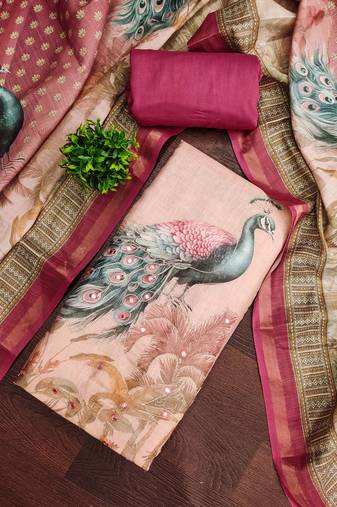 Pink linen cotton printed unstitched dress material