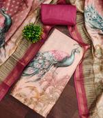 Pink linen cotton printed unstitched dress material