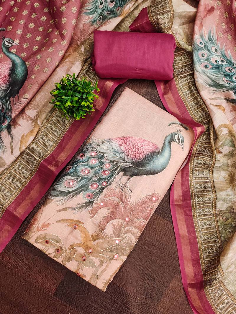 Pink linen cotton printed unstitched dress material