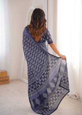 Navy blue blocked printed, paisley soft pure cotton saree with blouse. 5