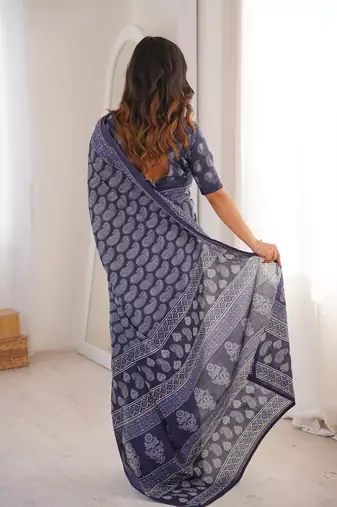 Navy blue blocked printed, paisley soft pure cotton saree with blouse.