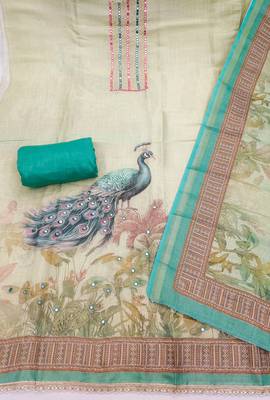 Beige linen cotton printed unstitched dress material 3