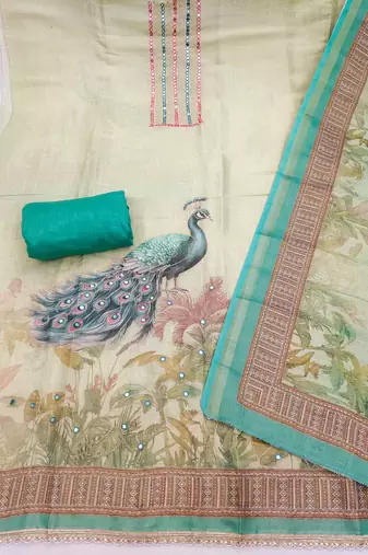 Beige linen cotton printed unstitched dress material