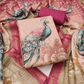 Pink linen cotton printed unstitched dress material 2