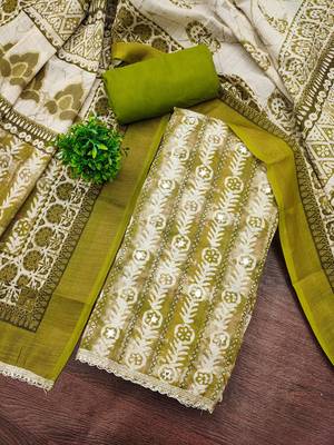 Green linen cotton printed unstitched dress material 1