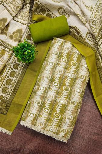 Green linen cotton printed unstitched dress material