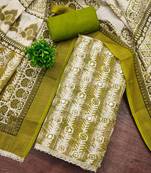 Green linen cotton printed unstitched dress material
