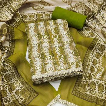 Green linen cotton printed unstitched dress material 2
