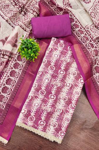 Magenta linen cotton printed unstitched dress material