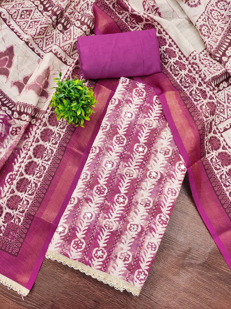 Magenta linen cotton printed unstitched dress material
