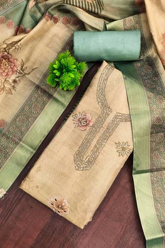 Beige cotton silk printed unstitched dress material