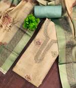 Beige cotton silk printed unstitched dress material