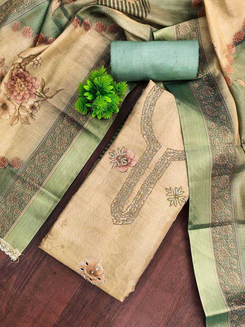 Beige cotton silk printed unstitched dress material