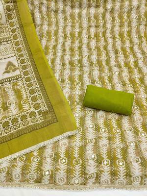 Green linen cotton printed unstitched dress material 3