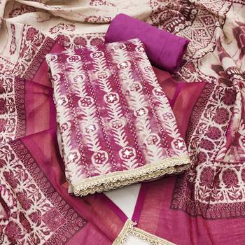Magenta linen cotton printed unstitched dress material 2