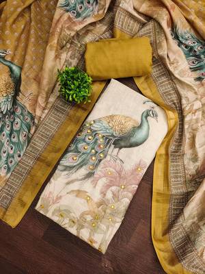 Beige linen cotton printed unstitched dress material 1