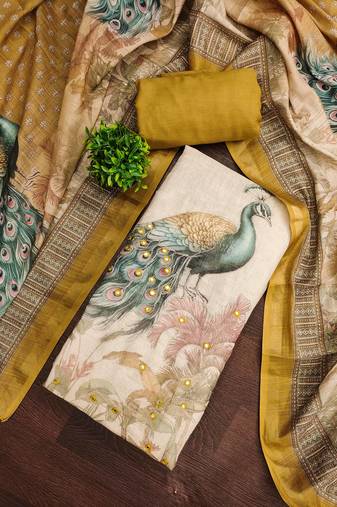 Beige linen cotton printed unstitched dress material