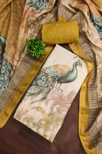 Beige linen cotton printed unstitched dress material