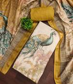 Beige linen cotton printed unstitched dress material