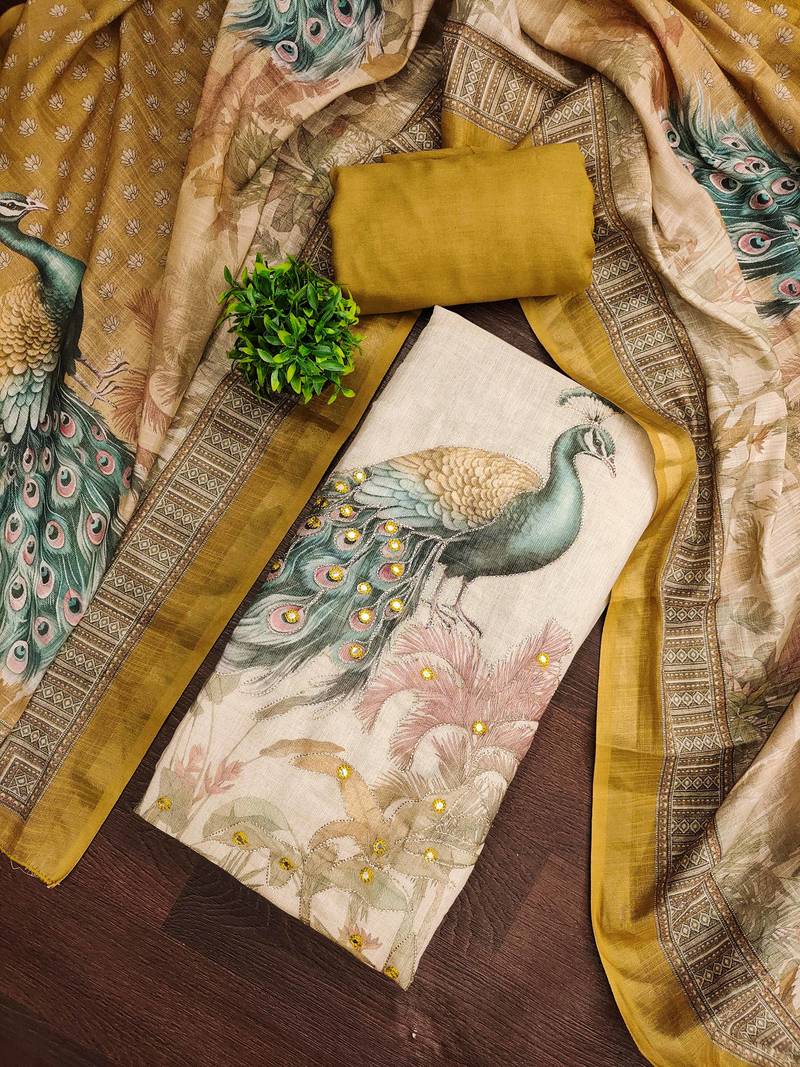 Beige linen cotton printed unstitched dress material