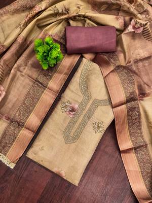 Beige cotton silk printed unstitched dress material 1