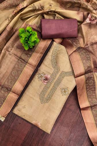 Beige cotton silk printed unstitched dress material