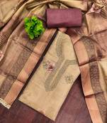Beige cotton silk printed unstitched dress material