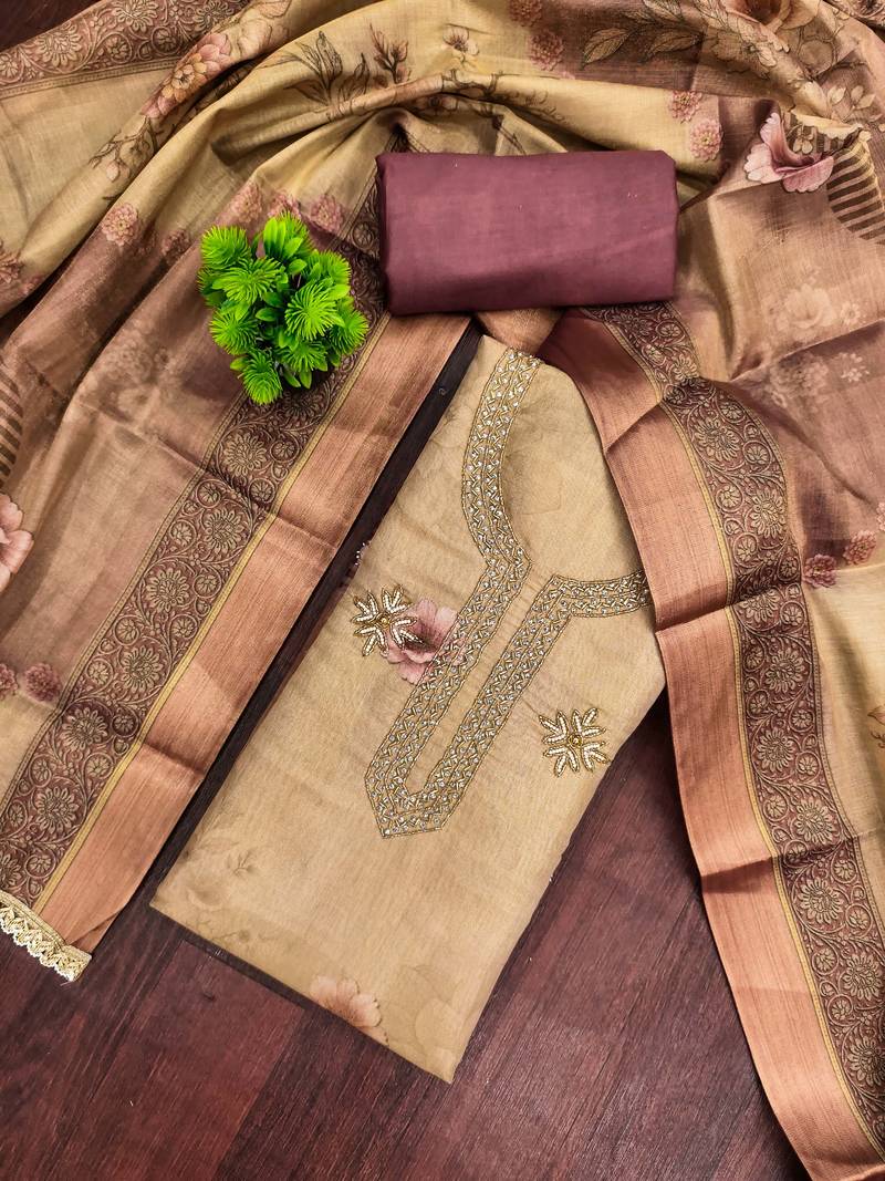 Beige cotton silk printed unstitched dress material