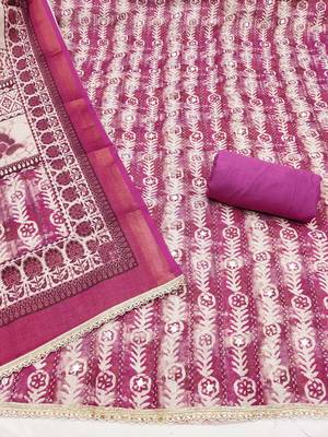 Magenta linen cotton printed unstitched dress material 3