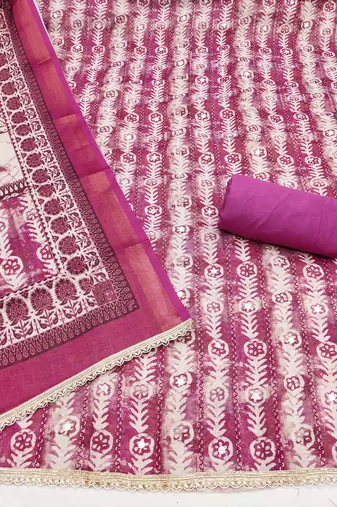 Magenta linen cotton printed unstitched dress material