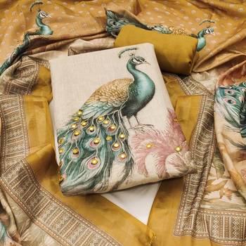 Beige linen cotton printed unstitched dress material 2
