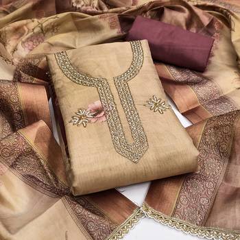 Beige cotton silk printed unstitched dress material 2