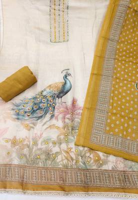 Beige linen cotton printed unstitched dress material 3