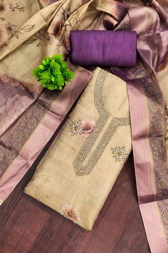 Beige cotton silk printed unstitched dress material