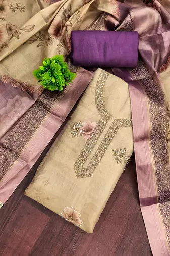 Beige cotton silk printed unstitched dress material