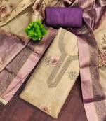 Beige cotton silk printed unstitched dress material