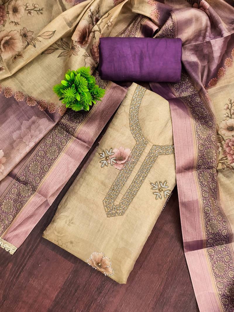 Beige cotton silk printed unstitched dress material