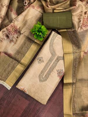 Beige cotton silk printed unstitched dress material 1