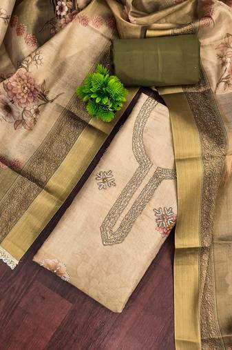 Beige cotton silk printed unstitched dress material