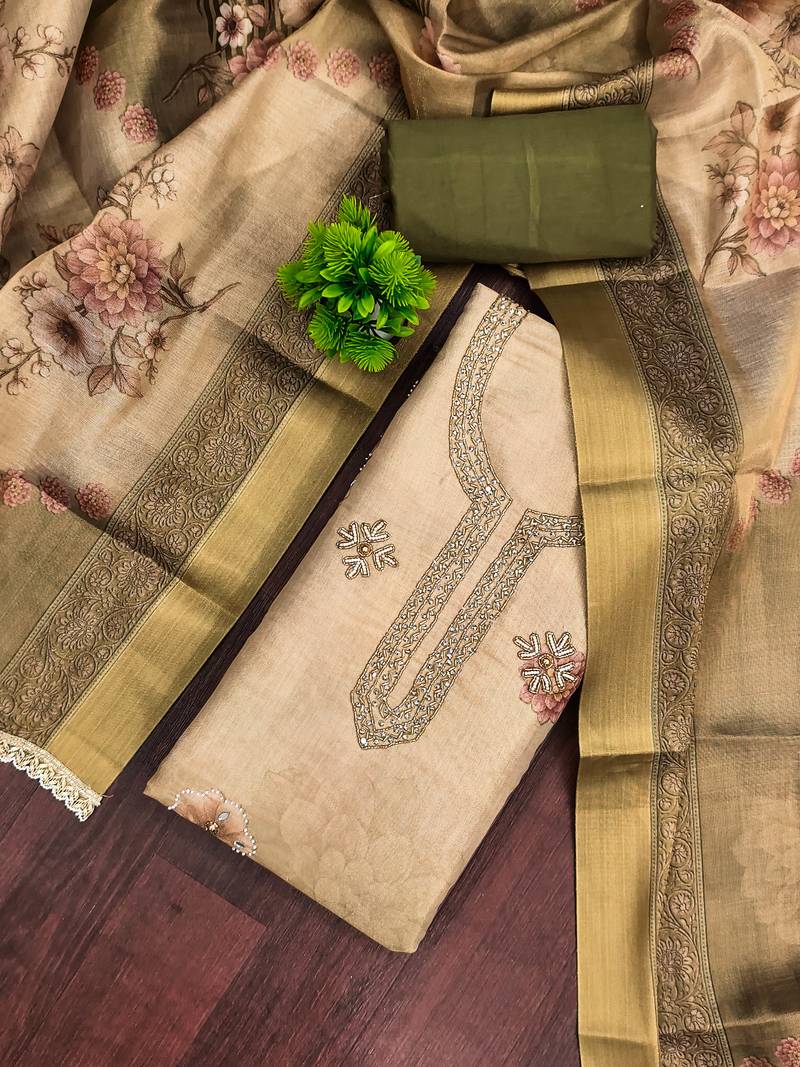 Beige cotton silk printed unstitched dress material