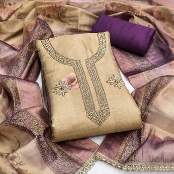 Beige cotton silk printed unstitched dress material 2