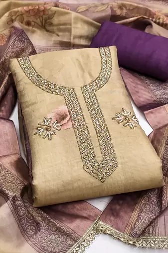 Beige cotton silk printed unstitched dress material