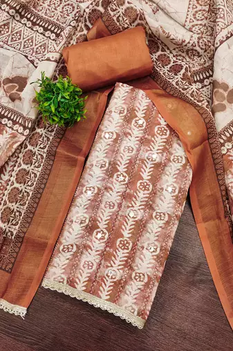 Rust linen cotton printed unstitched dress material